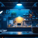 A photograph of a well-lit workshop or garage space showcasing various affordable led shop lights in use