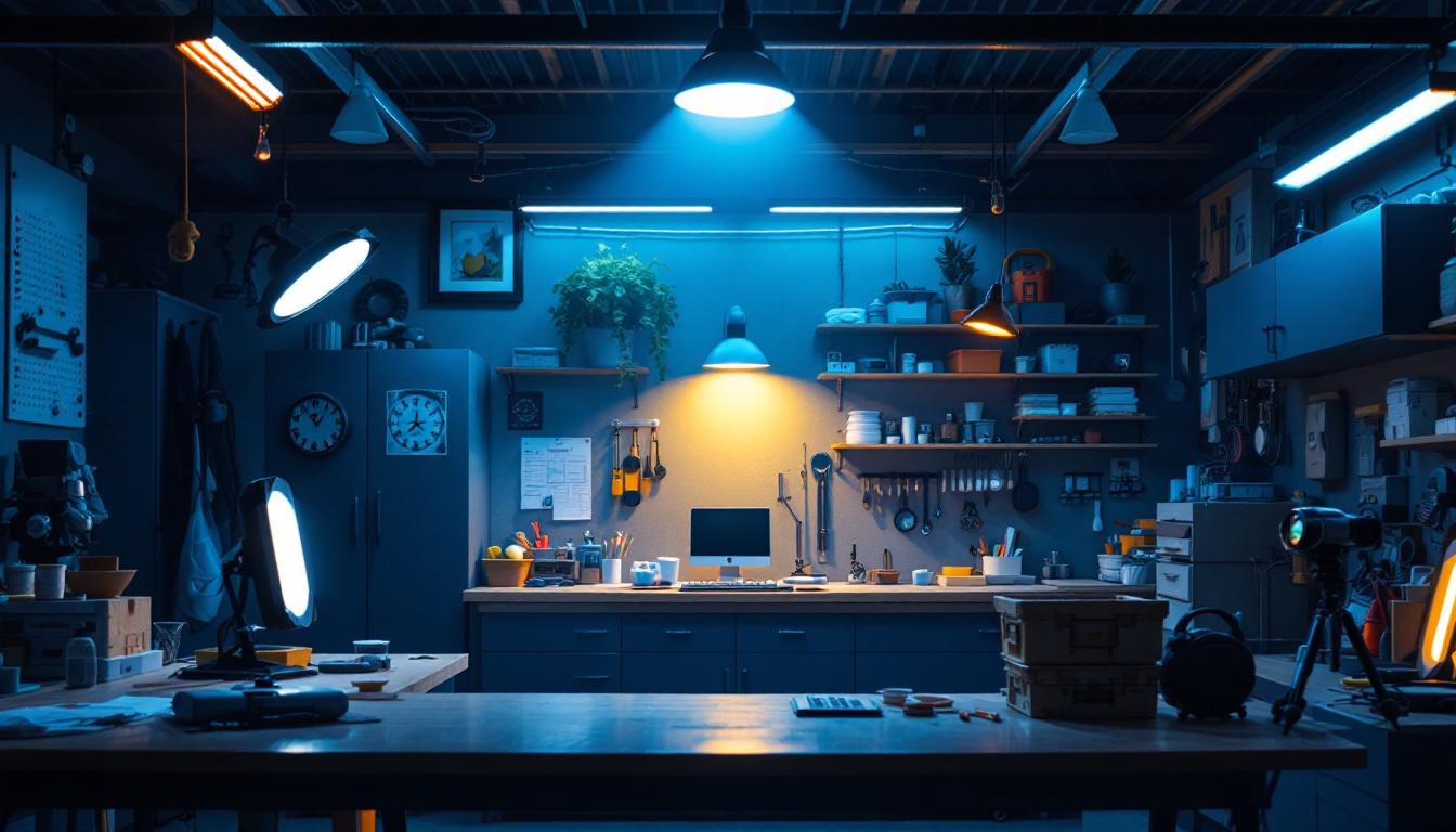 A photograph of a well-lit workshop or garage space showcasing various affordable led shop lights in use