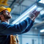 A photograph of a professional lighting contractor installing or adjusting an 8-foot led light fixture in a commercial or industrial setting
