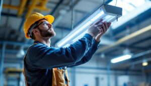 A photograph of a professional lighting contractor installing or adjusting an 8-foot led light fixture in a commercial or industrial setting