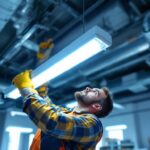 A photograph of a skilled lighting contractor installing or adjusting a 2 x 4 fluorescent light fixture in a commercial space