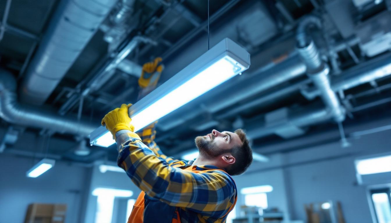 A photograph of a skilled lighting contractor installing or adjusting a 2 x 4 fluorescent light fixture in a commercial space