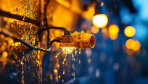 A photograph of a close-up of weatherproof electrical connectors being installed in an outdoor lighting setup