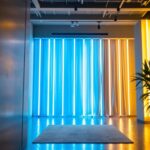 A photograph of a lighting contractor installing vibrant 8ft led light strips in a modern interior space