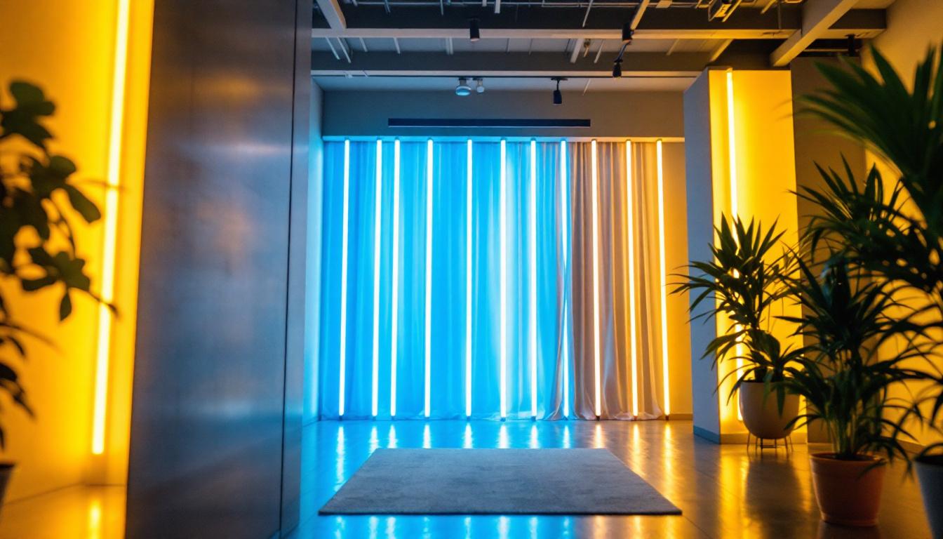 A photograph of a lighting contractor installing vibrant 8ft led light strips in a modern interior space