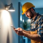 A photograph of a modern lighting contractor inspecting a stylish led can light installation in a contemporary home setting