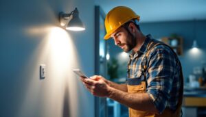 A photograph of a modern lighting contractor inspecting a stylish led can light installation in a contemporary home setting