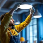 A photograph of a lighting contractor installing or inspecting a drop ceiling led light in a modern workspace