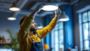 A photograph of a lighting contractor installing or inspecting a drop ceiling led light in a modern workspace