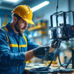 A photograph of an experienced lighting contractor meticulously wiring a 4 lamp fixture to a dual ballast setup