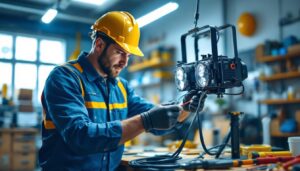 A photograph of an experienced lighting contractor meticulously wiring a 4 lamp fixture to a dual ballast setup
