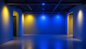 A photograph of a well-lit basement space showcasing various led lighting options