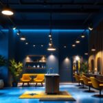 A photograph of a well-designed salon interior featuring stylish track lighting that highlights the space's ambiance and showcases the versatility and functionality of different lighting fixtures in a professional setting