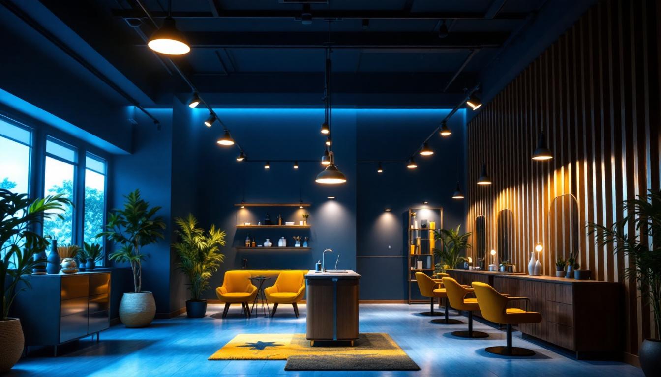 A photograph of a well-designed salon interior featuring stylish track lighting that highlights the space's ambiance and showcases the versatility and functionality of different lighting fixtures in a professional setting