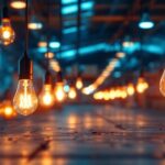 A photograph of capture a photograph of a well-lit warehouse interior showcasing various types of energy-efficient light bulbs in use