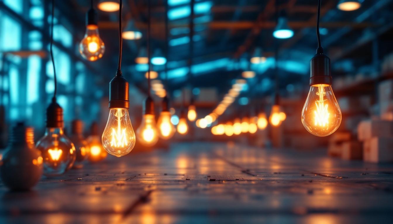 A photograph of capture a photograph of a well-lit warehouse interior showcasing various types of energy-efficient light bulbs in use