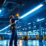 A photograph of a well-lit industrial or commercial space showcasing linear high bay lights in action
