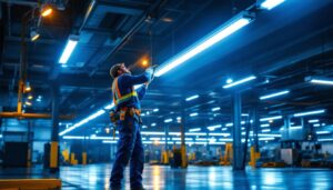 A photograph of a well-lit industrial or commercial space showcasing linear high bay lights in action