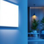 A photograph of a sleek 1x4 led flat panel light installed in a modern interior setting