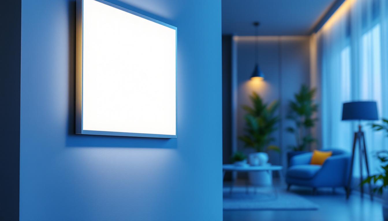 A photograph of a sleek 1x4 led flat panel light installed in a modern interior setting