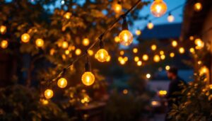 A photograph of a beautifully illuminated outdoor space featuring commercial string lights