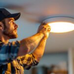 A photograph of a lighting contractor expertly installing a ceiling recessed light cover in a modern home setting