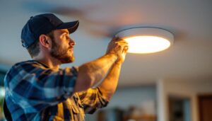 A photograph of a lighting contractor expertly installing a ceiling recessed light cover in a modern home setting