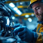 A photograph of a lighting contractor installing or examining an led headlight ballast in a well-lit workshop or vehicle setting