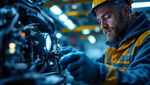A photograph of a lighting contractor installing or examining an led headlight ballast in a well-lit workshop or vehicle setting