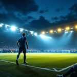 A photograph of a dynamic sports lighting installation in action during a nighttime game