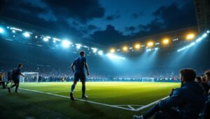 A photograph of a dynamic sports lighting installation in action during a nighttime game