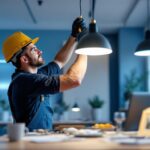 A photograph of a lighting contractor skillfully installing innovative lighting fixtures in a modern space