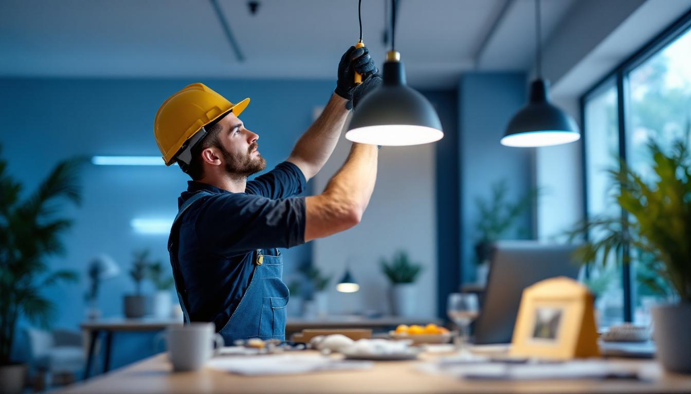 A photograph of a lighting contractor skillfully installing innovative lighting fixtures in a modern space
