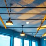 A photograph of a well-lit drop ceiling installation featuring stylish light fixtures