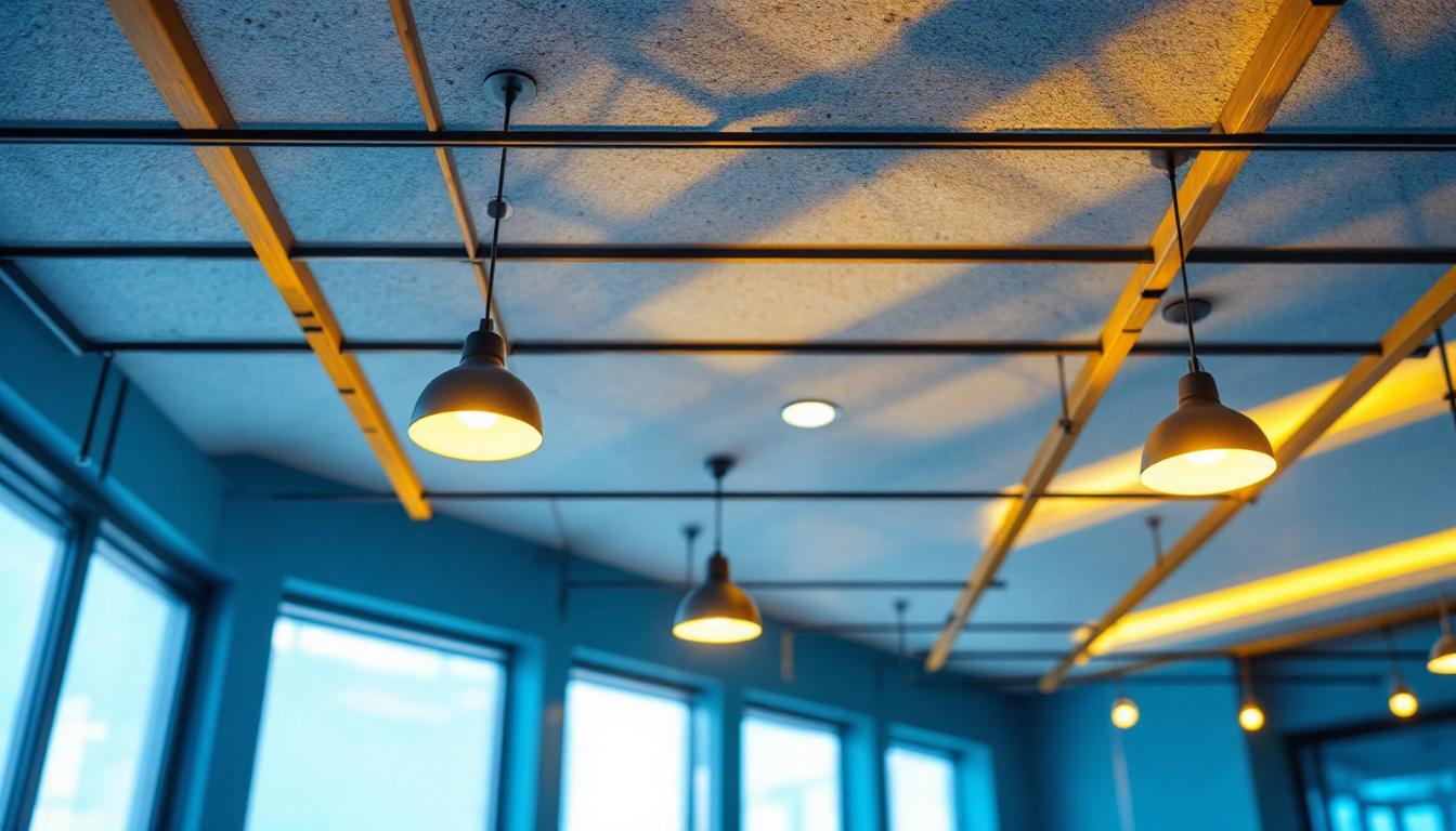 A photograph of a well-lit drop ceiling installation featuring stylish light fixtures
