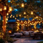 A photograph of a beautifully arranged outdoor setting featuring mason jar lights hanging from trees or a rustic pergola