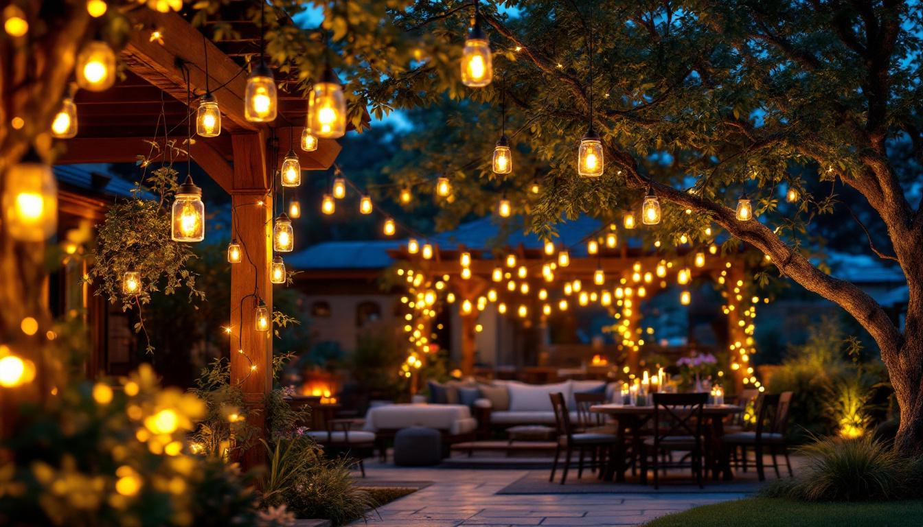 A photograph of a beautifully arranged outdoor setting featuring mason jar lights hanging from trees or a rustic pergola