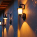 A photograph of a well-lit commercial exterior showcasing various wall-mounted lighting fixtures in use