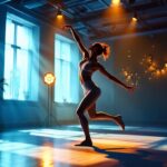 A photograph of a dynamic dance studio scene showcasing a dancer in mid-movement