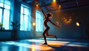 A photograph of a dynamic dance studio scene showcasing a dancer in mid-movement