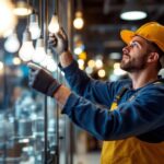 A photograph of a lighting contractor installing led bulbs in a retail shop setting