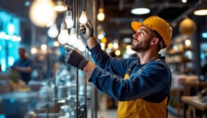 A photograph of a lighting contractor installing led bulbs in a retail shop setting