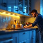 A photograph of a beautifully illuminated kitchen showcasing 12-volt led under cabinet lights in action