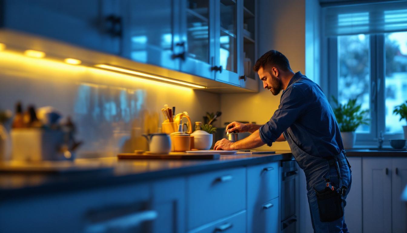 A photograph of a beautifully illuminated kitchen showcasing 12-volt led under cabinet lights in action