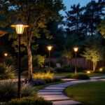 A photograph of a beautifully illuminated backyard scene featuring stylish pole lights