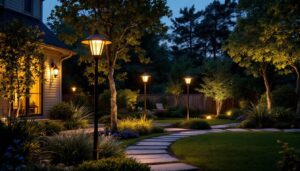 A photograph of a beautifully illuminated backyard scene featuring stylish pole lights