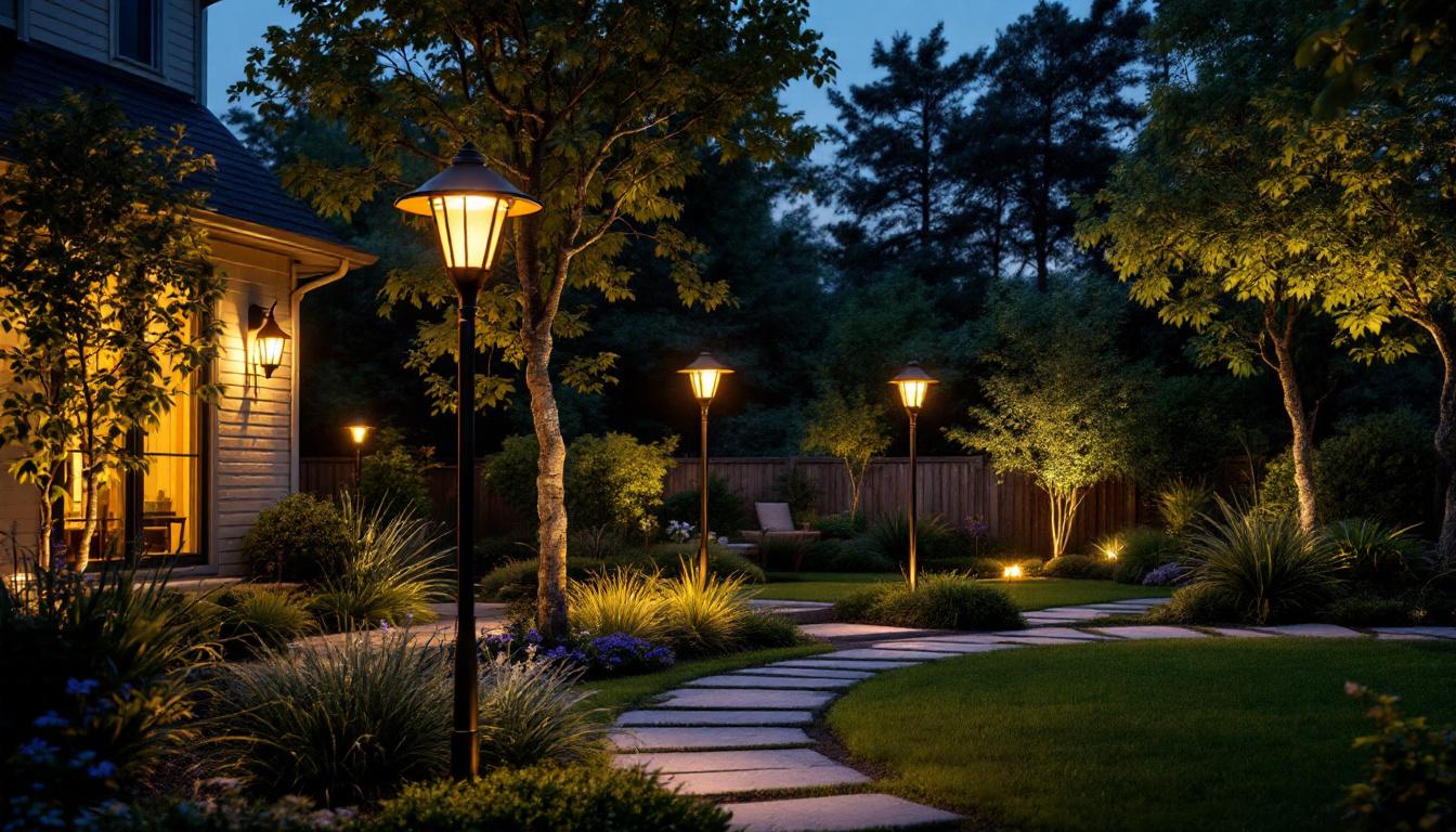 A photograph of a beautifully illuminated backyard scene featuring stylish pole lights