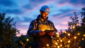 A photograph of a well-lit outdoor scene showcasing a lighting contractor installing solar lights in a residential garden