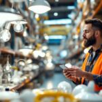 A photograph of a lighting contractor examining a variety of stylish and energy-efficient lighting fixtures in a well-organized warehouse