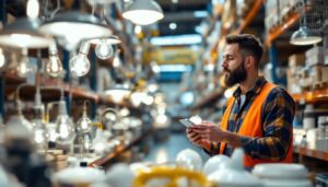 A photograph of a lighting contractor examining a variety of stylish and energy-efficient lighting fixtures in a well-organized warehouse